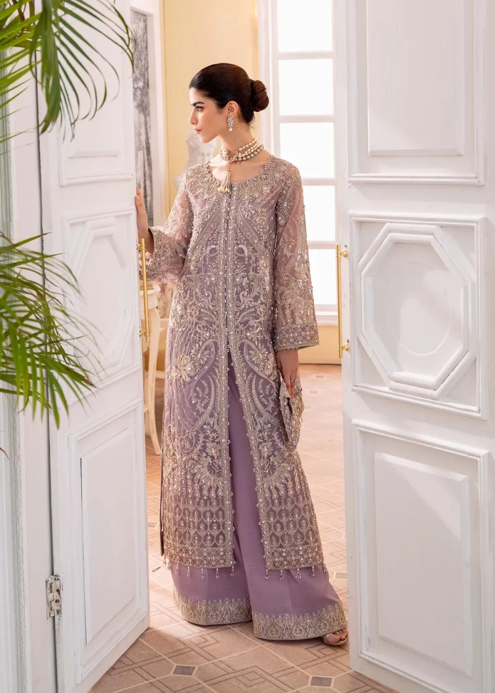 "Lilac Organza front open gown with intricate embroidery and sequins"