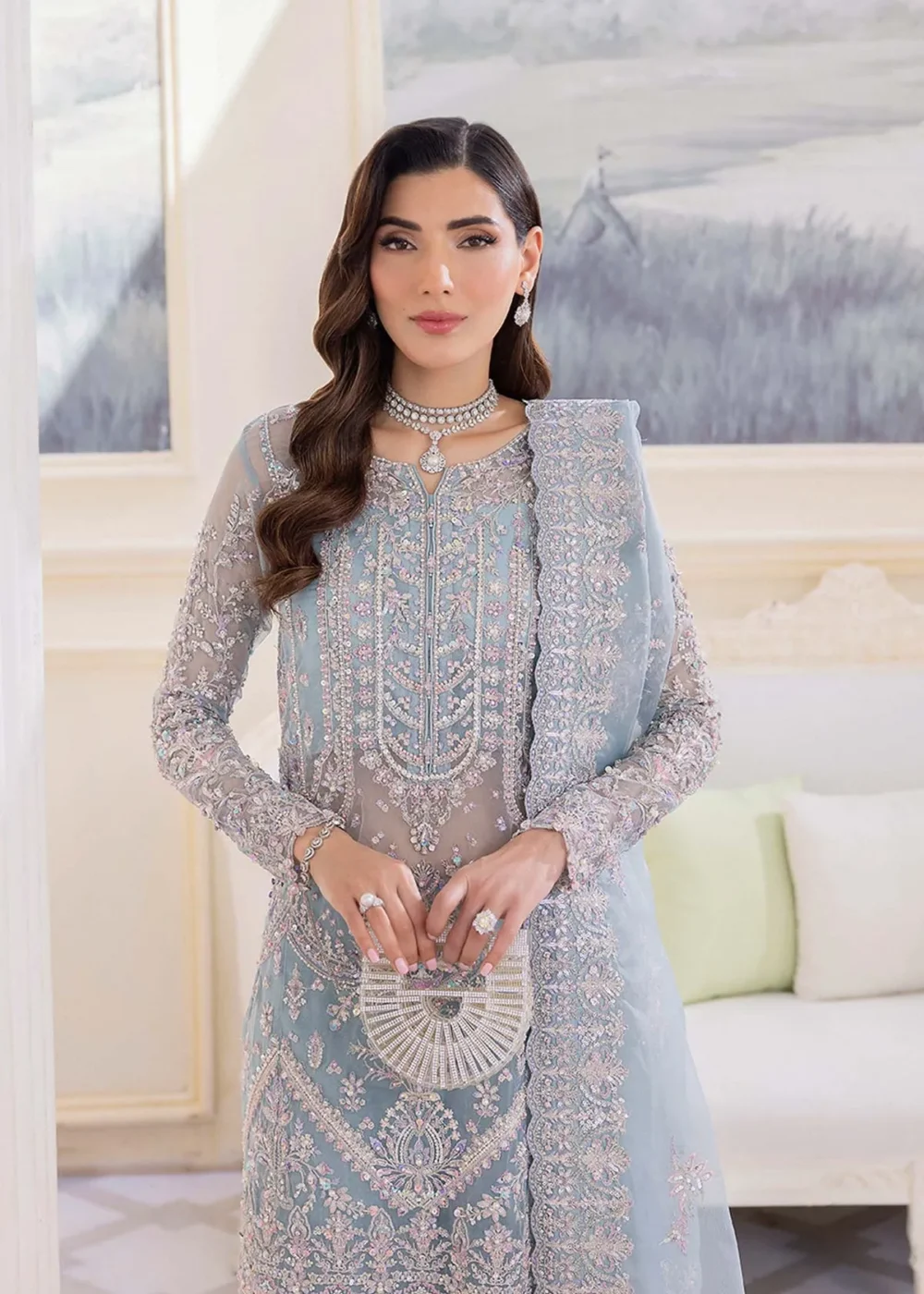 Ice Blue Organza Shirt with Silver Embellishments