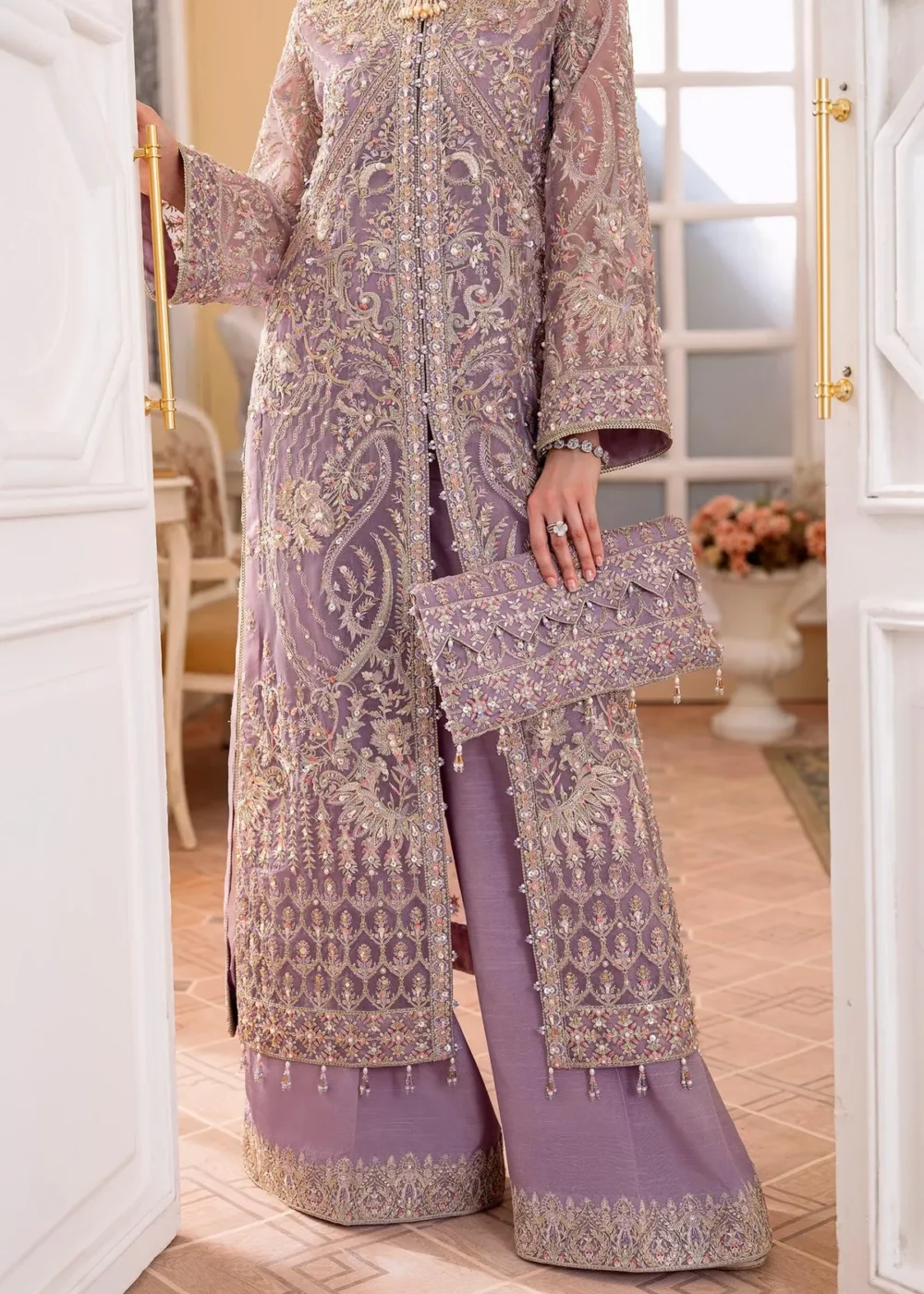 "Lilac Organza front open gown with intricate embroidery and sequins"