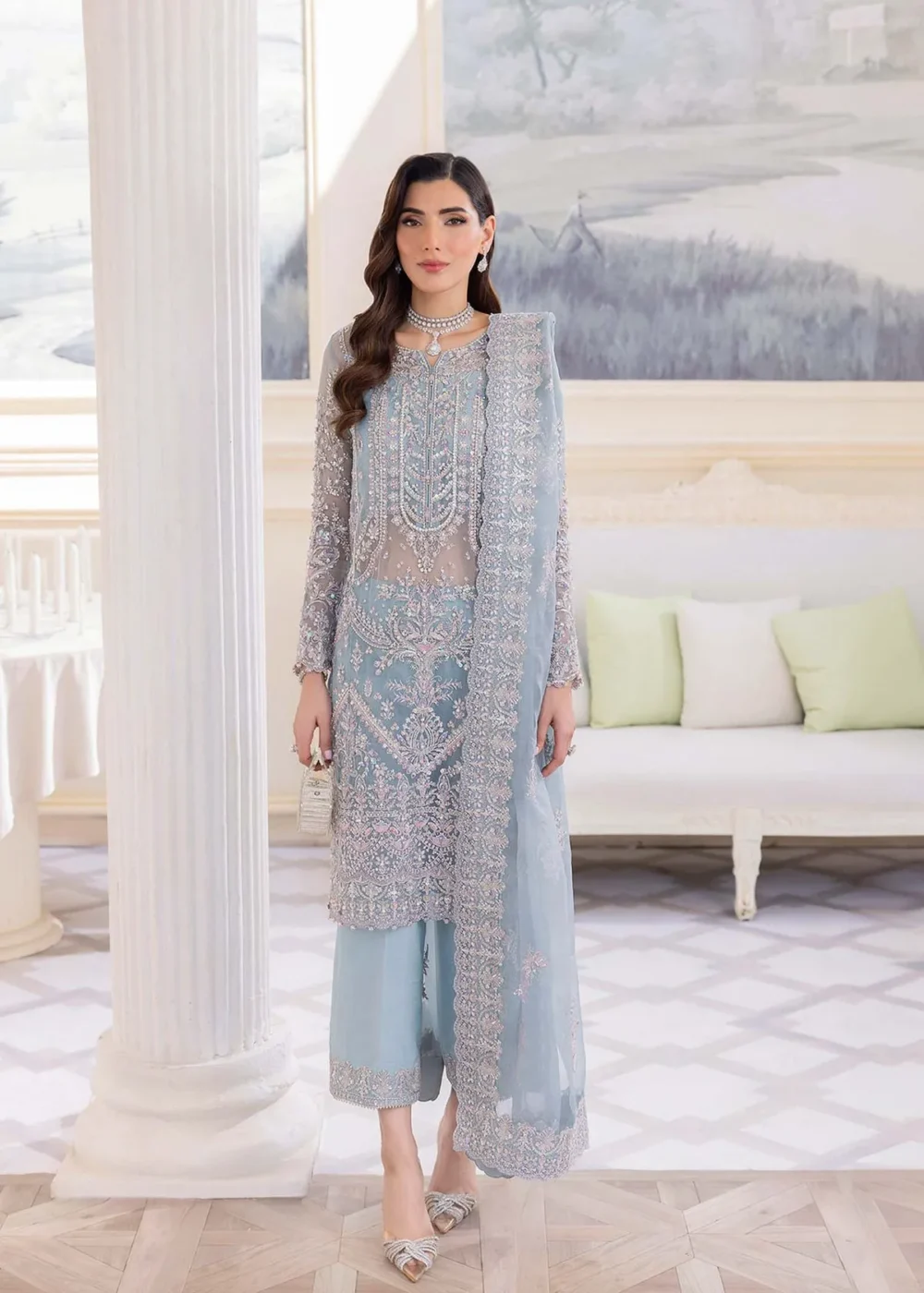 Ice Blue Organza Shirt with Silver Embellishments