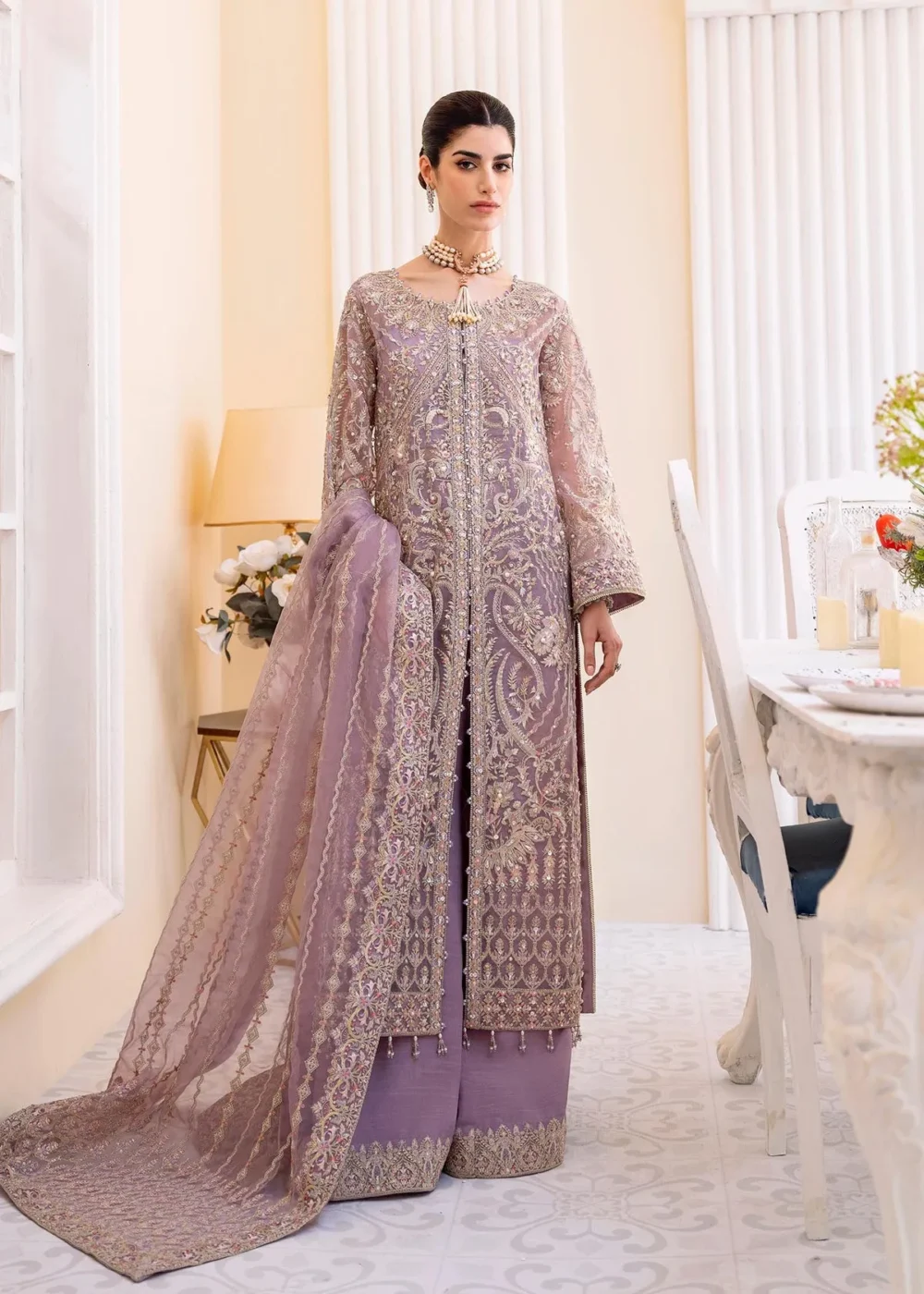 "Lilac Organza front open gown with intricate embroidery and sequins"