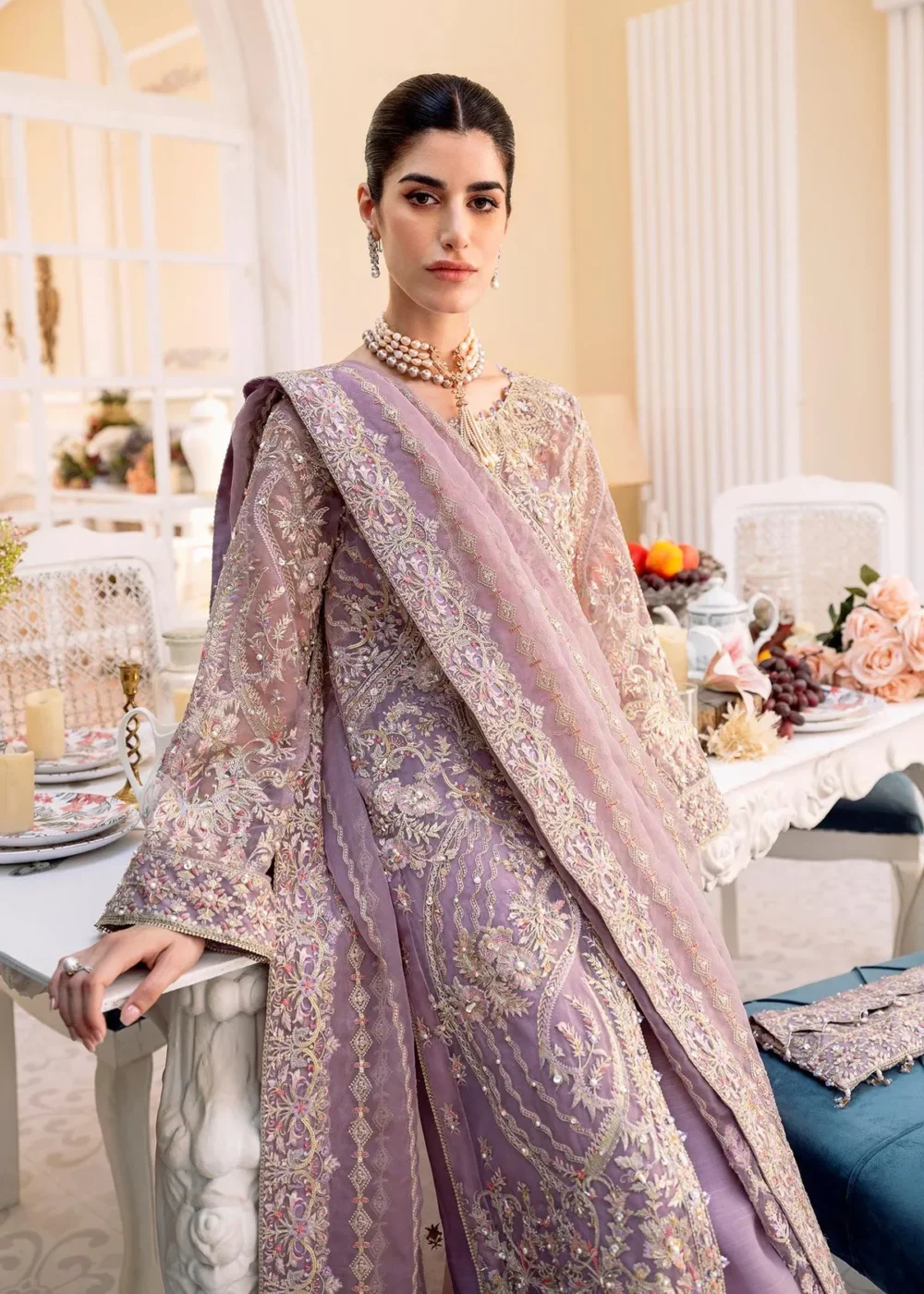 "Lilac Organza front open gown with intricate embroidery and sequins"