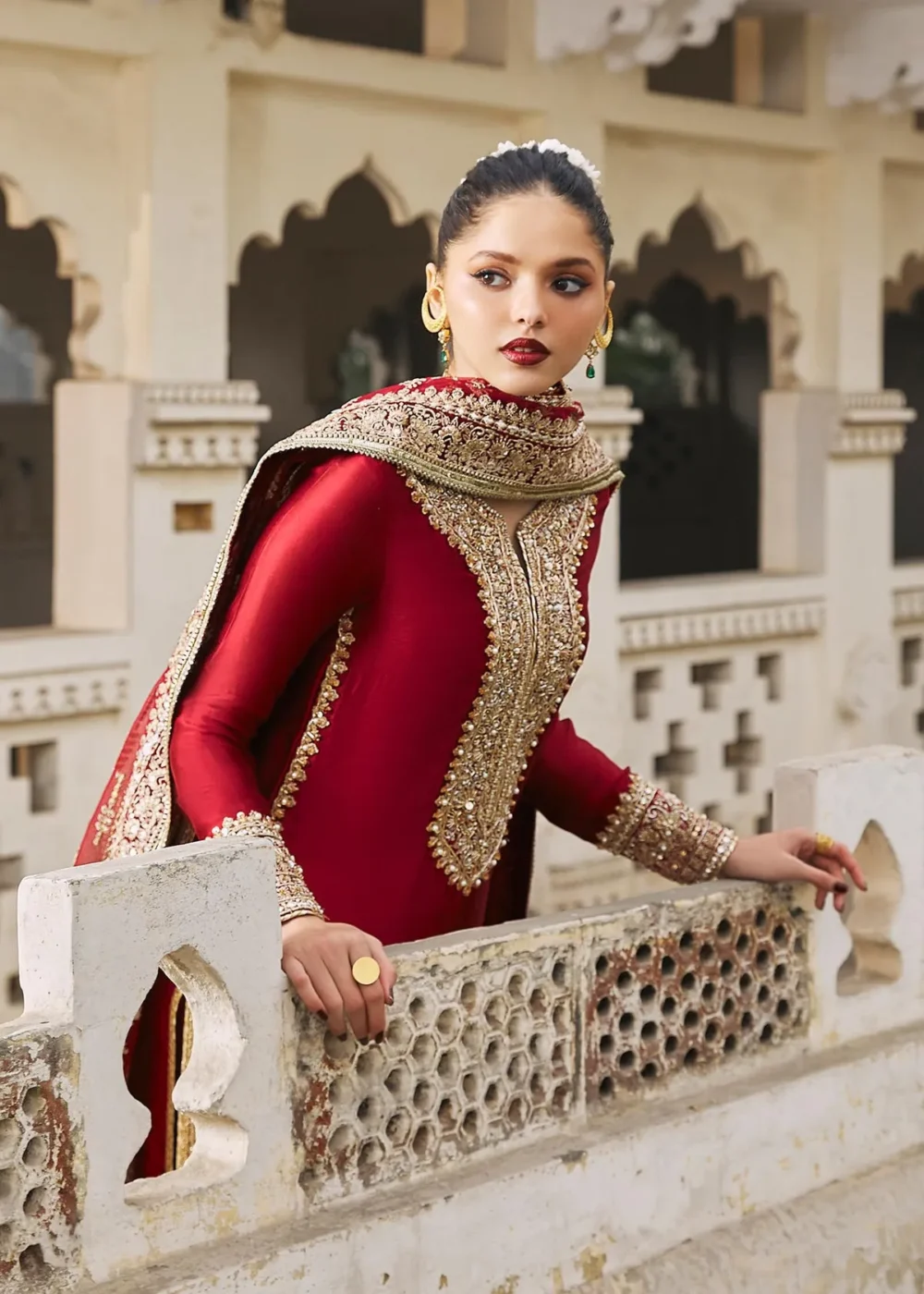 "Berry Red Tissue Silk Shirt with Embroidered Borders and Dupatta"