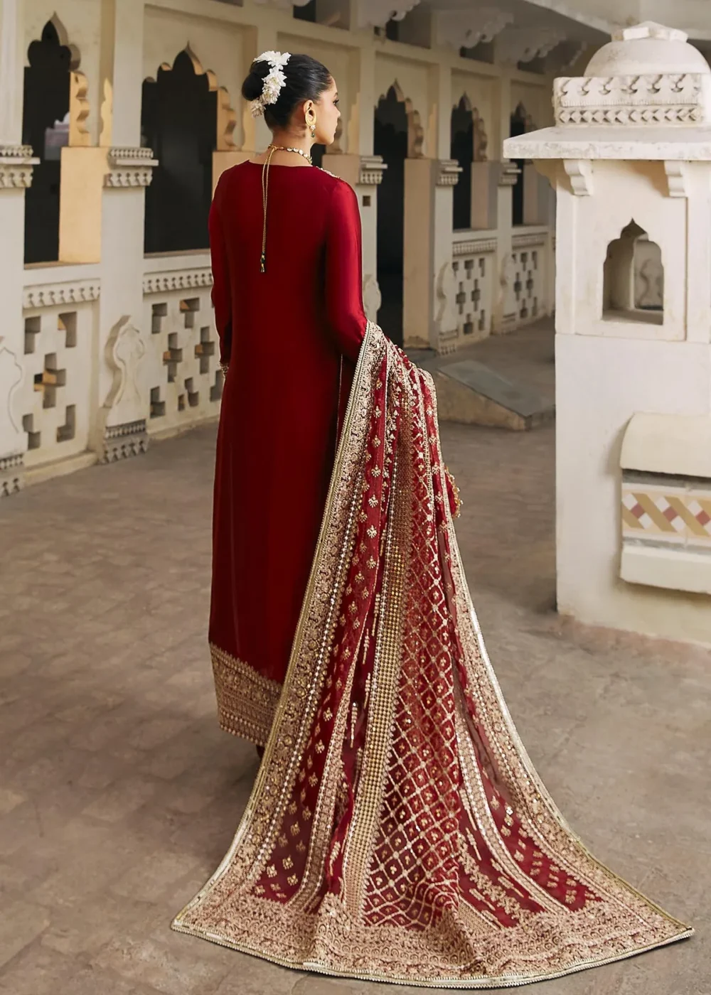 "Berry Red Tissue Silk Shirt with Embroidered Borders and Dupatta"
