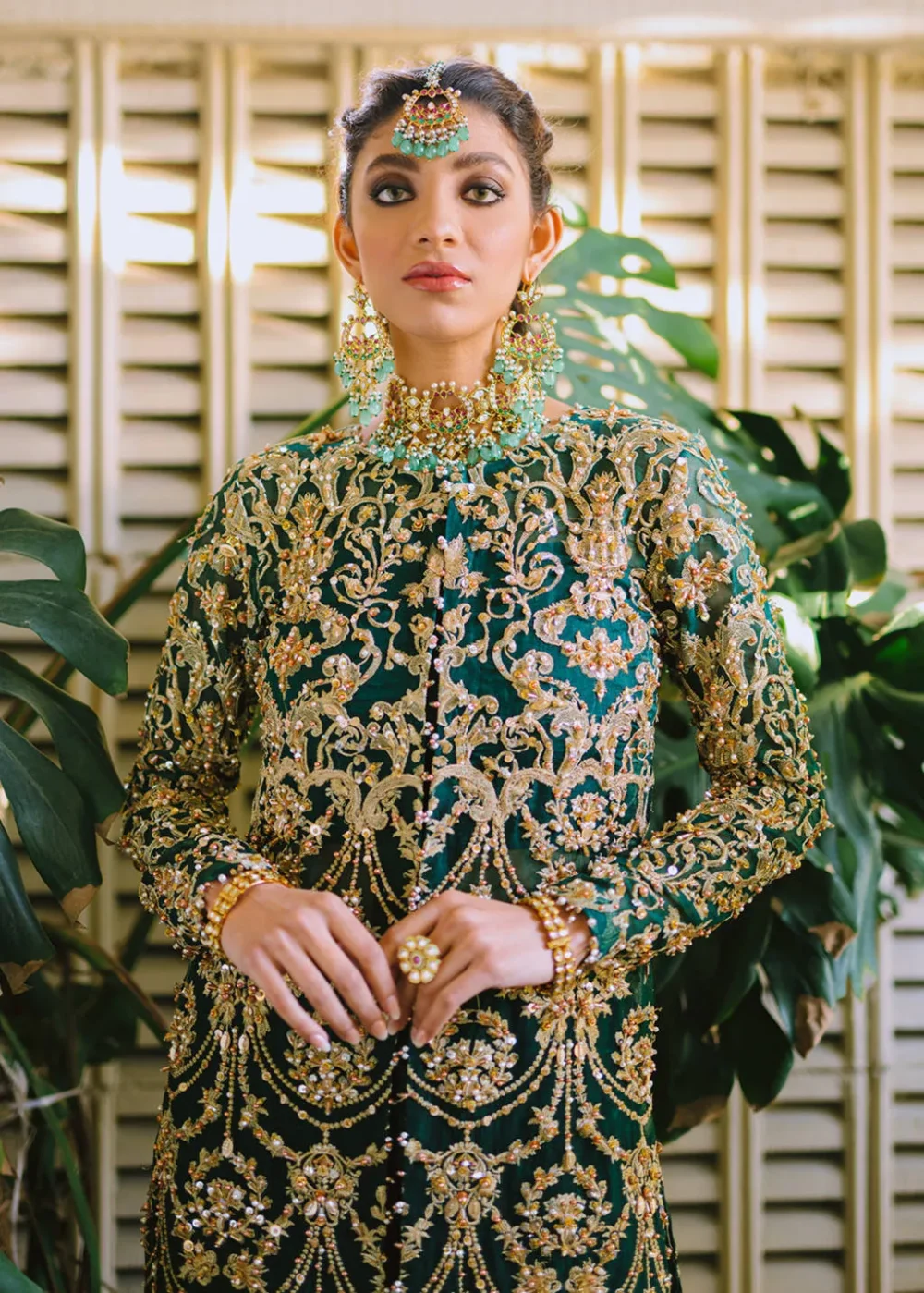 "Shabnami Bottle Green Organza Dress with Floral Motifs and Gold Embellishments"