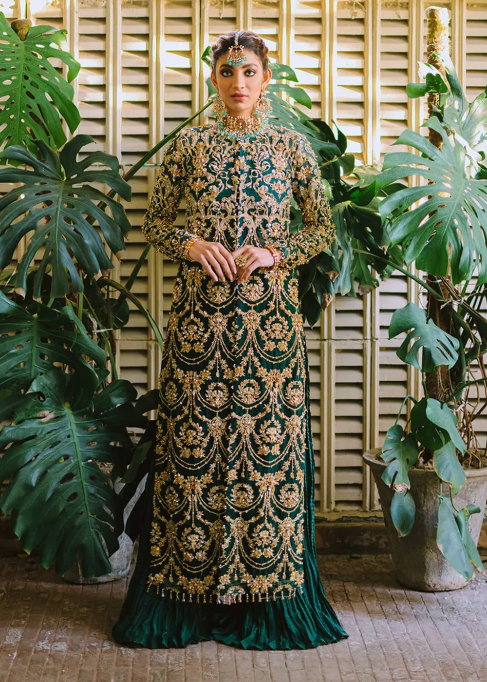 "Shabnami Bottle Green Organza Dress with Floral Motifs and Gold Embellishments"