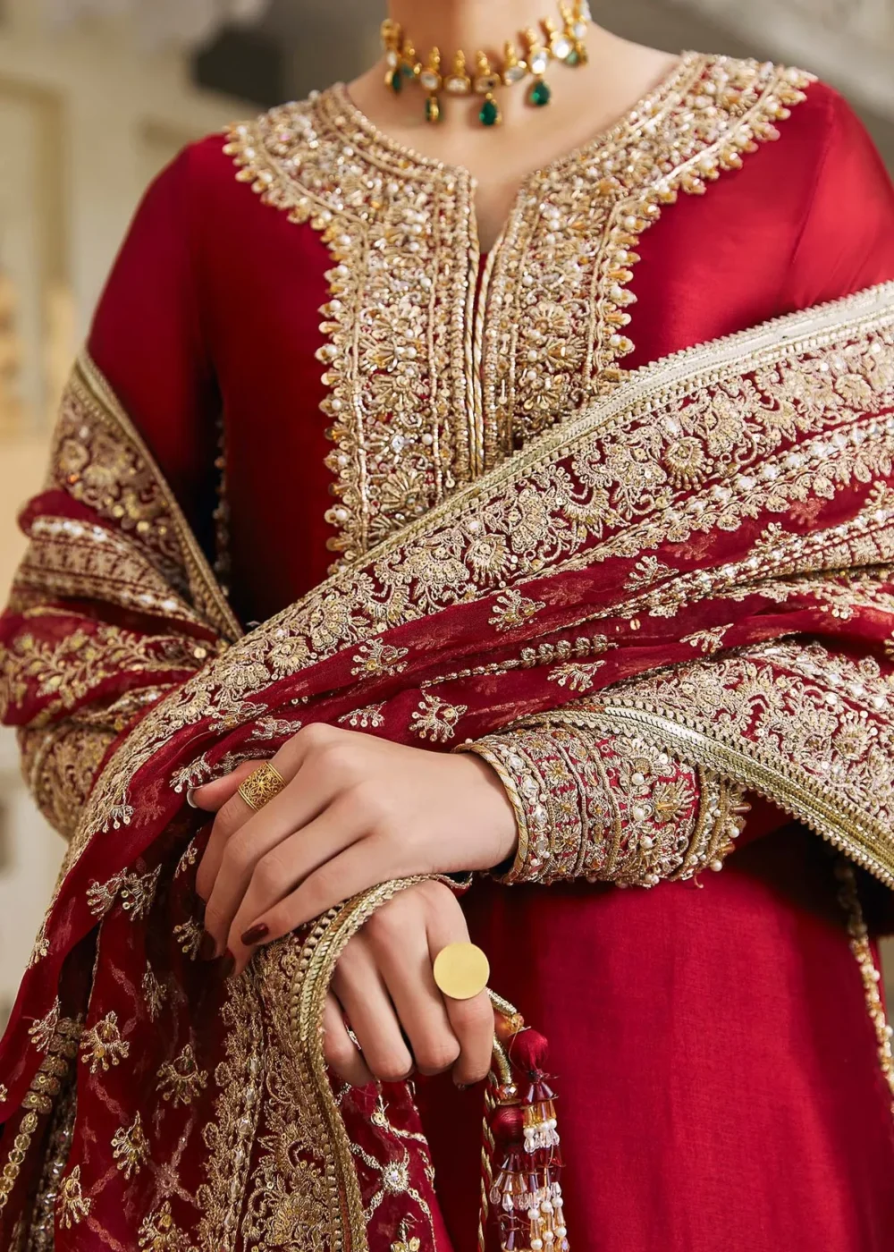 "Berry Red Tissue Silk Shirt with Embroidered Borders and Dupatta"