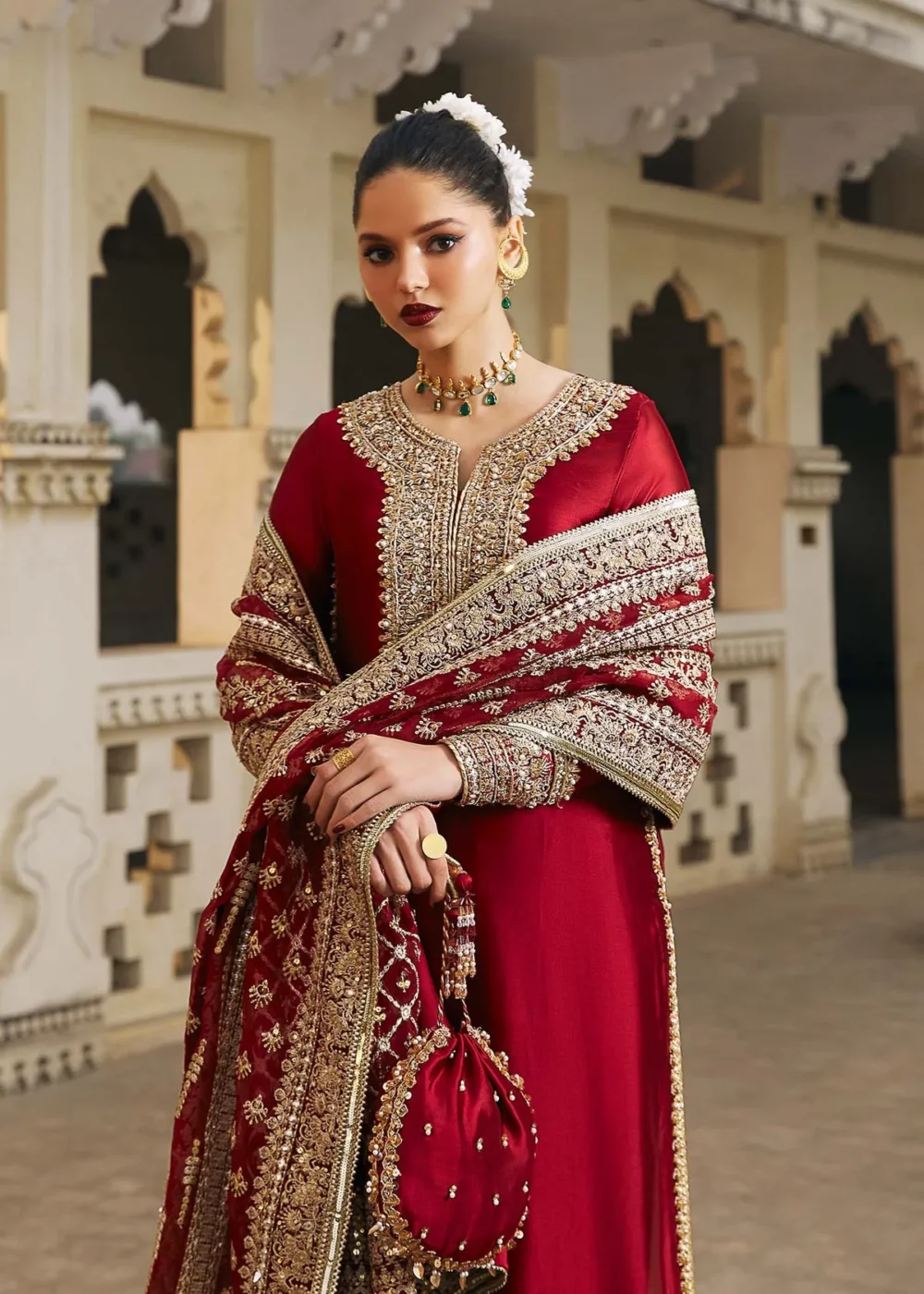 "Berry Red Tissue Silk Shirt with Embroidered Borders and Dupatta"