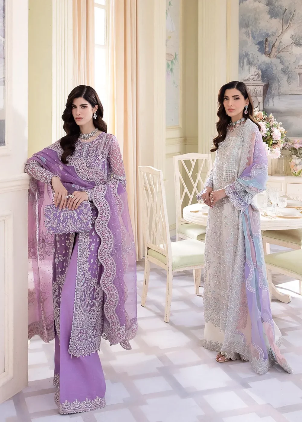 "Lilac Organza Gown with Intricate Embroidery and Flared Pants"