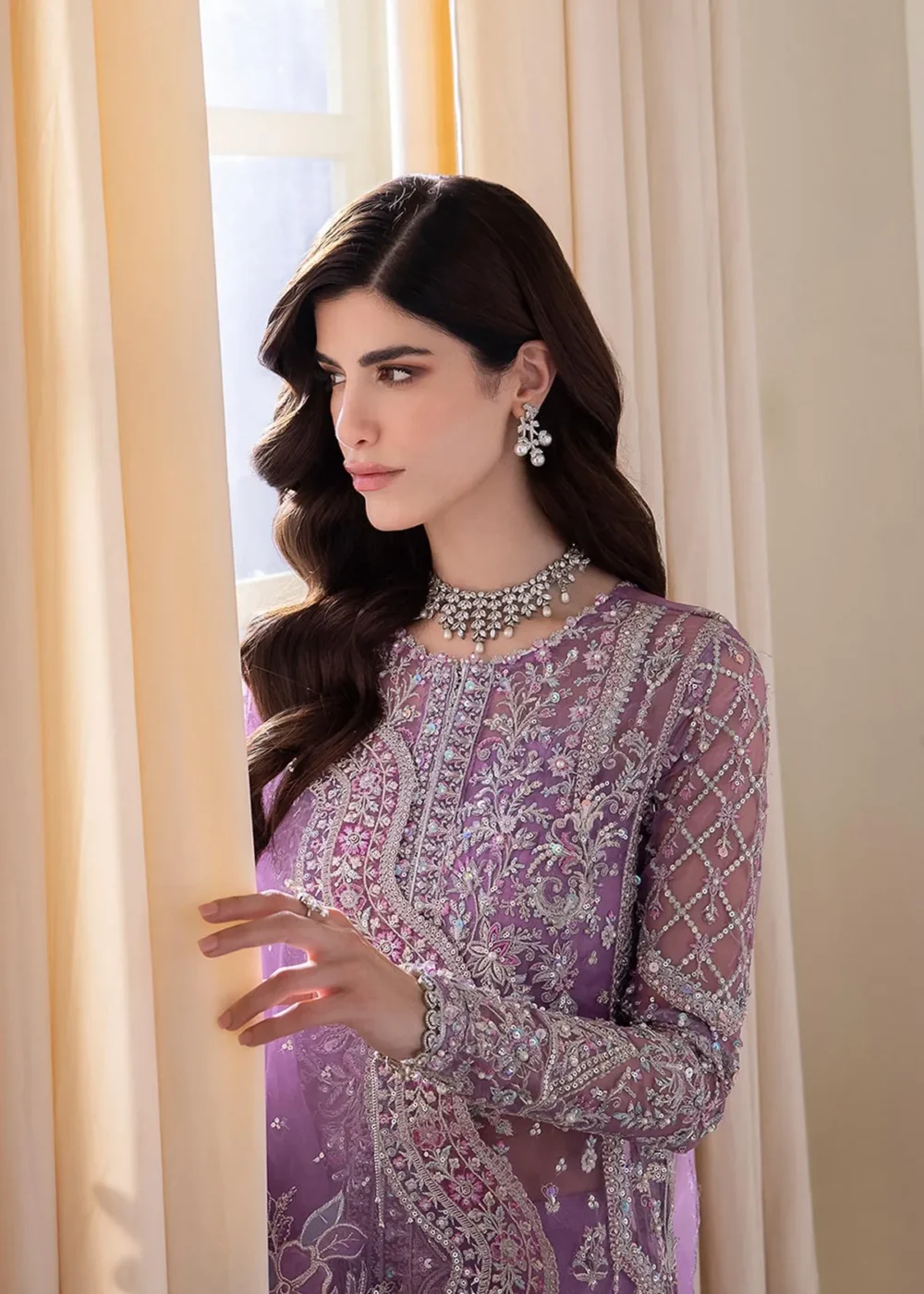 "Lilac Organza Gown with Intricate Embroidery and Flared Pants"