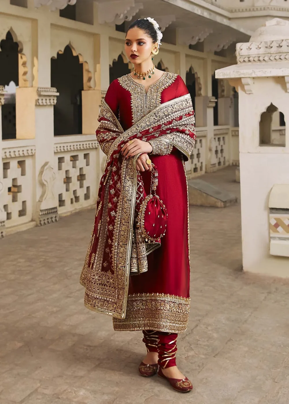 "Berry Red Tissue Silk Shirt with Embroidered Borders and Dupatta"