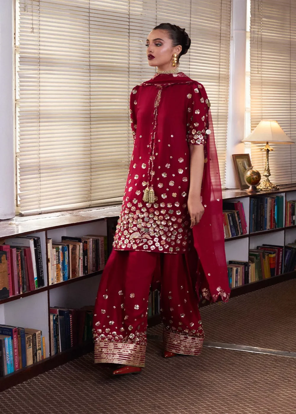 "Hot Pink Raw Silk Shirt with Golden Hand Embellishments"