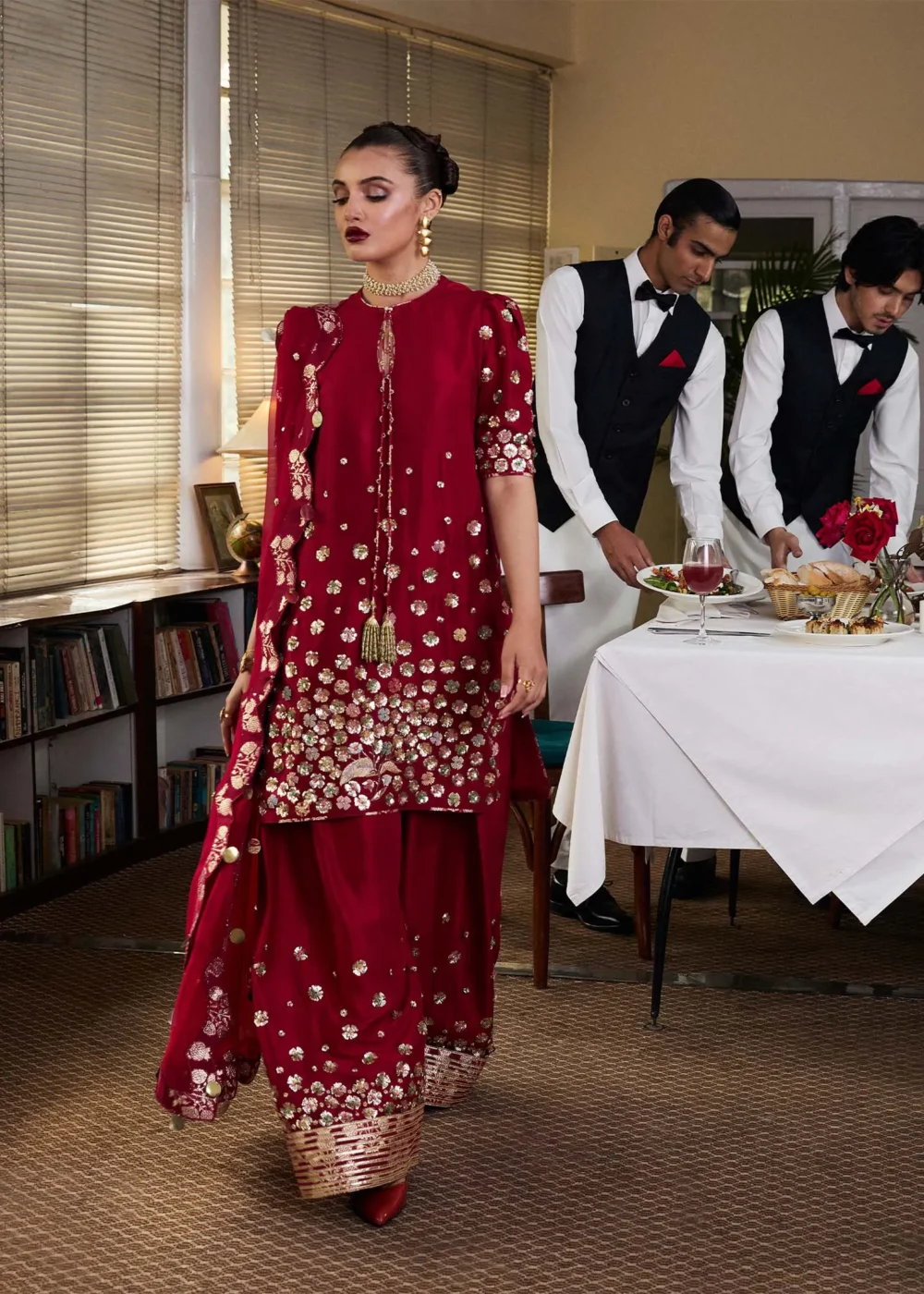 "Hot Pink Raw Silk Shirt with Golden Hand Embellishments"
