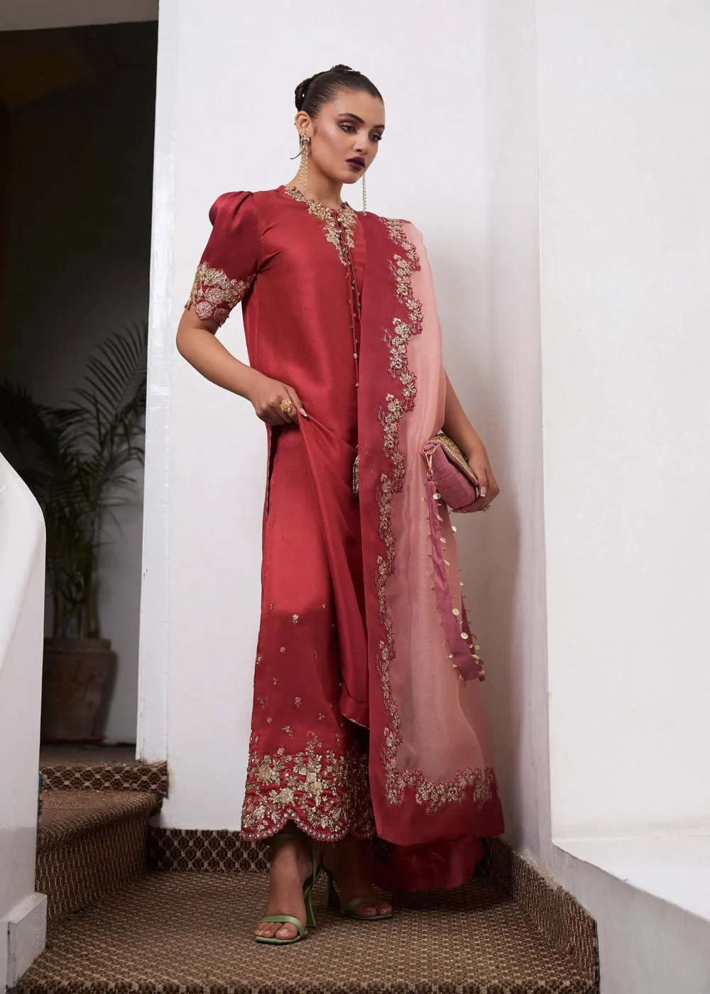 "Salmon Pink Long Shirt with Cut-Worked Sleeves and Intricate Neckline"