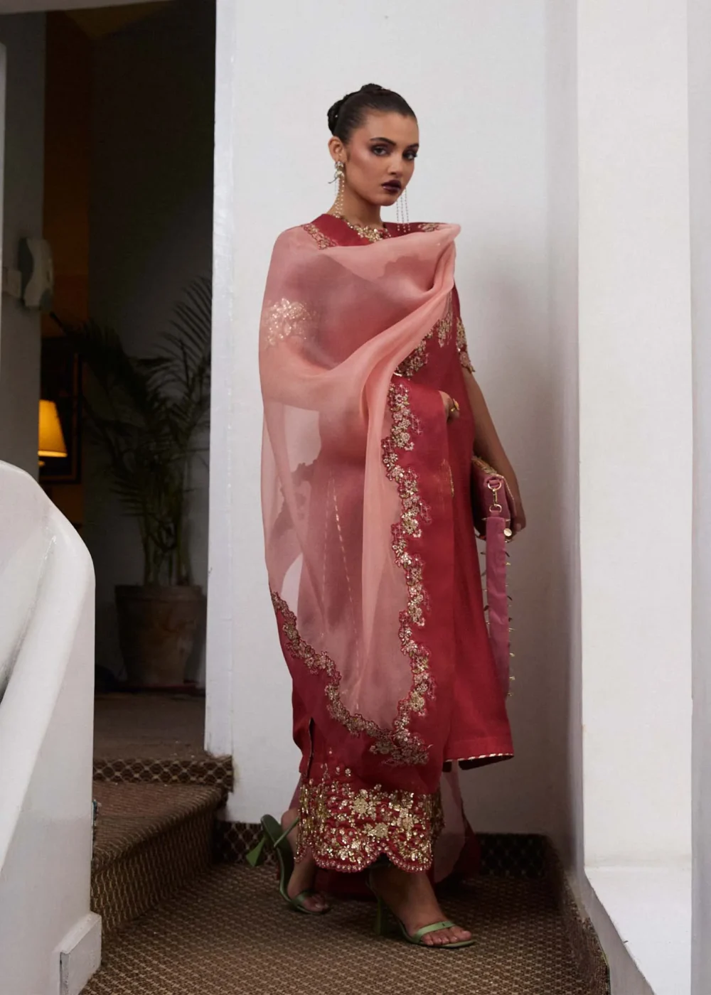 "Salmon Pink Long Shirt with Cut-Worked Sleeves and Intricate Neckline"