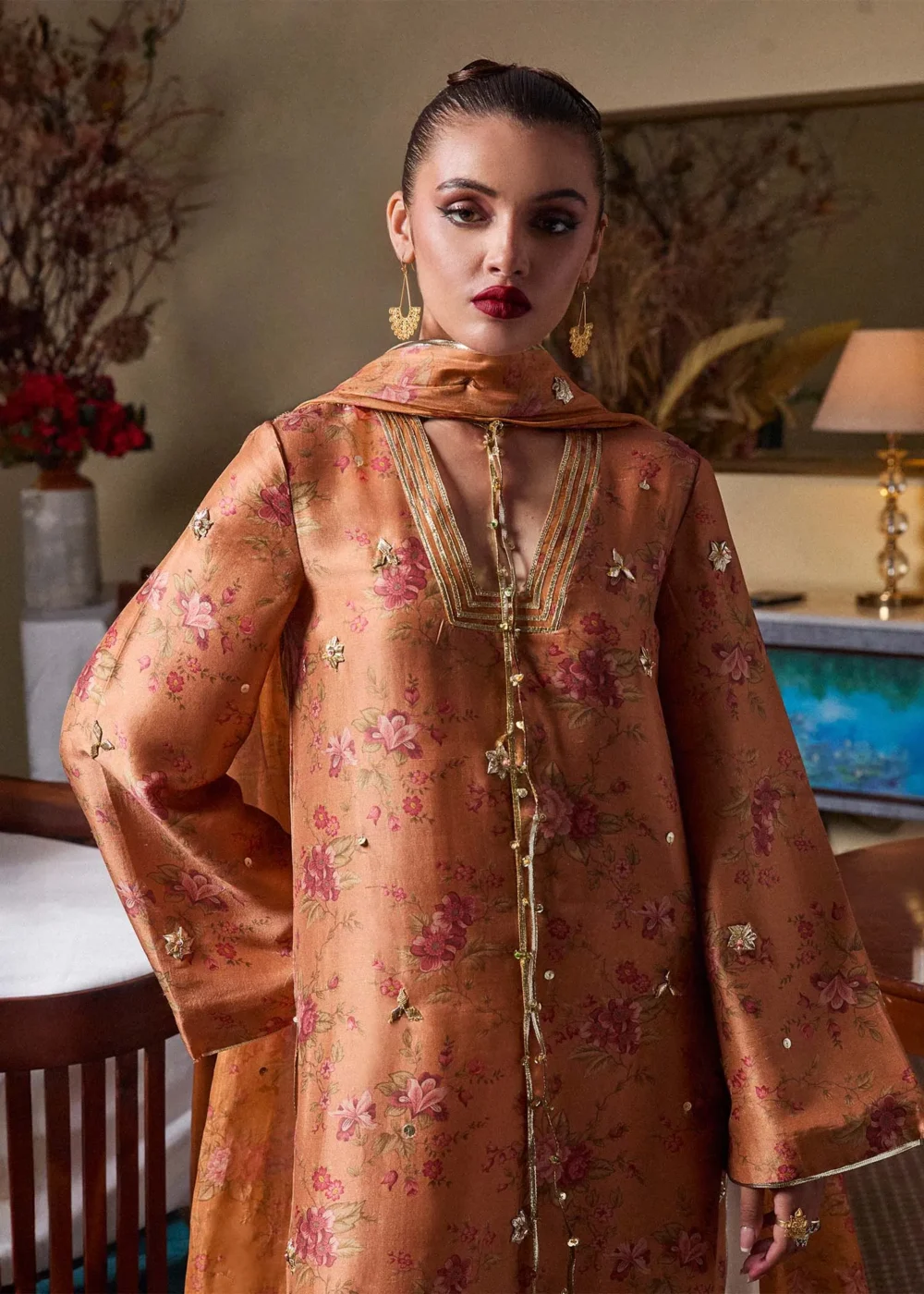 "Rustic Mustard Printed Shirt with Gotta Spray Detailing"