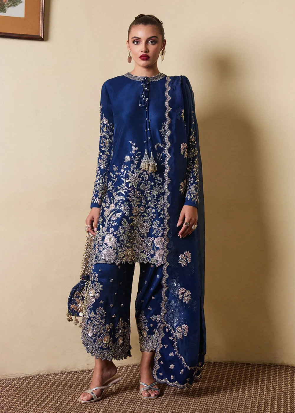 "Navy Blue Raw Silk Shirt with Hand Embellishments and Machine Embroidery"