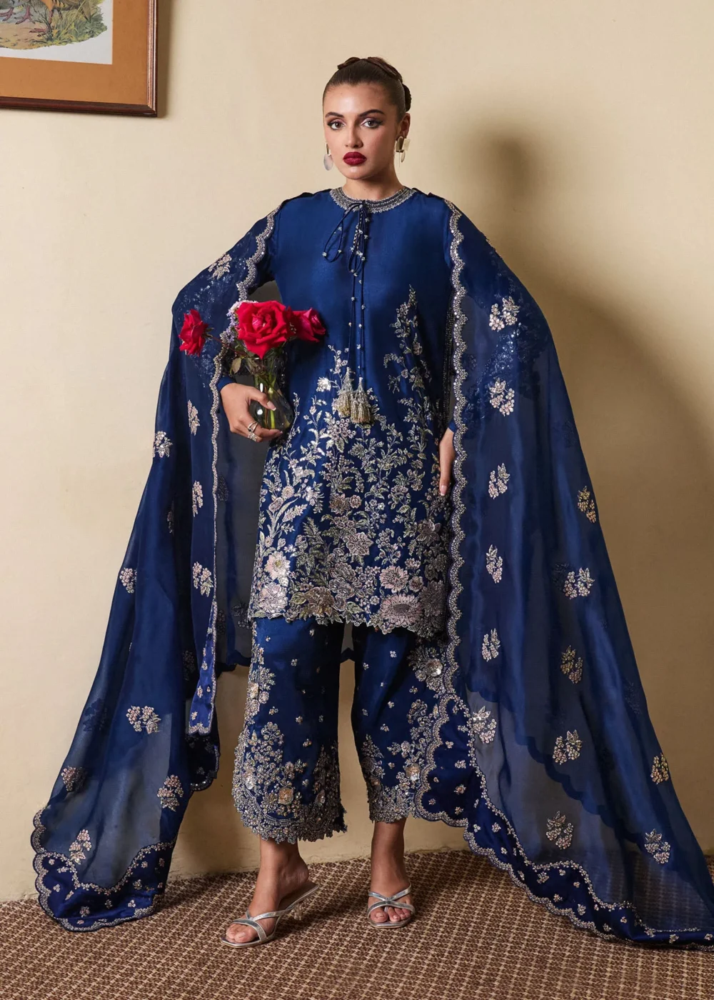 "Navy Blue Raw Silk Shirt with Hand Embellishments and Machine Embroidery"