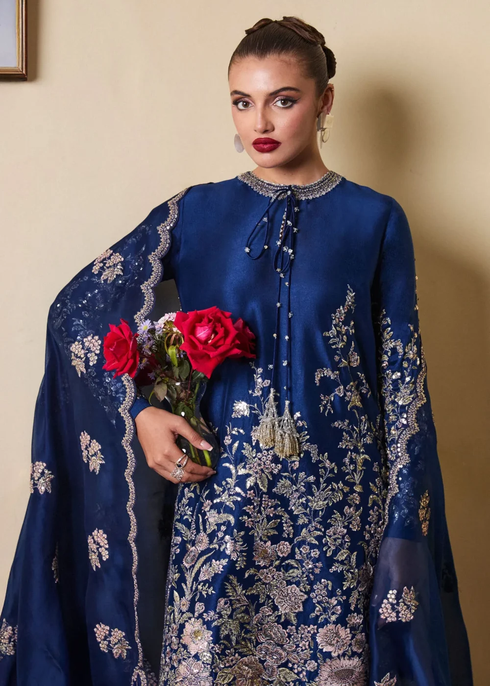 "Navy Blue Raw Silk Shirt with Hand Embellishments and Machine Embroidery"