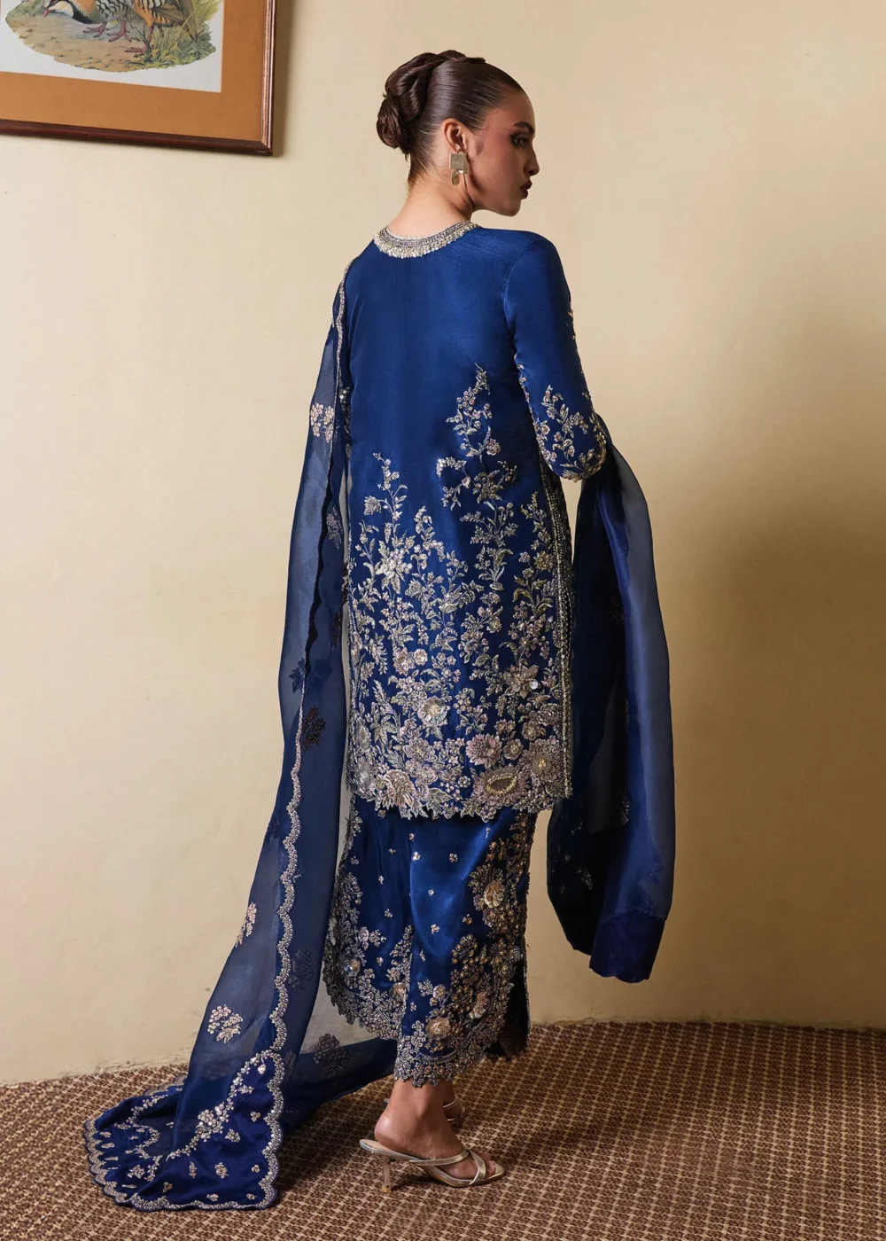 "Navy Blue Raw Silk Shirt with Hand Embellishments and Machine Embroidery"