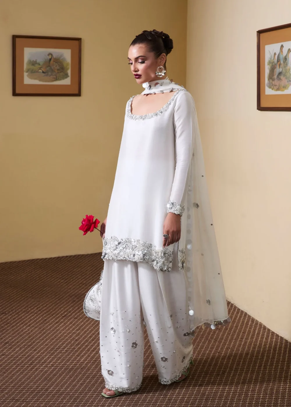 "Swan White Raw Silk Shirt with 3D Floral Hand Embellishments"