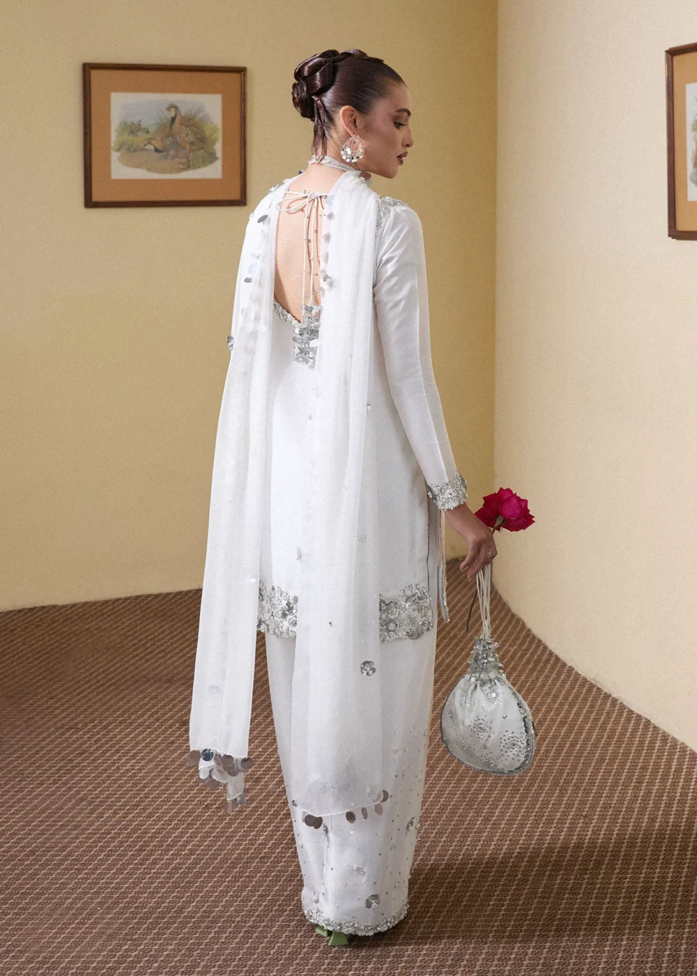 "Swan White Raw Silk Shirt with 3D Floral Hand Embellishments"
