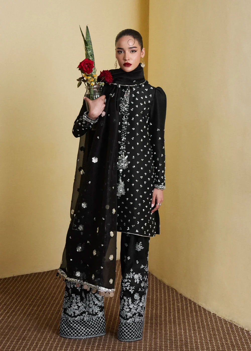 "Jet Black Raw Silk Shirt with 3D Flower Embellishments"