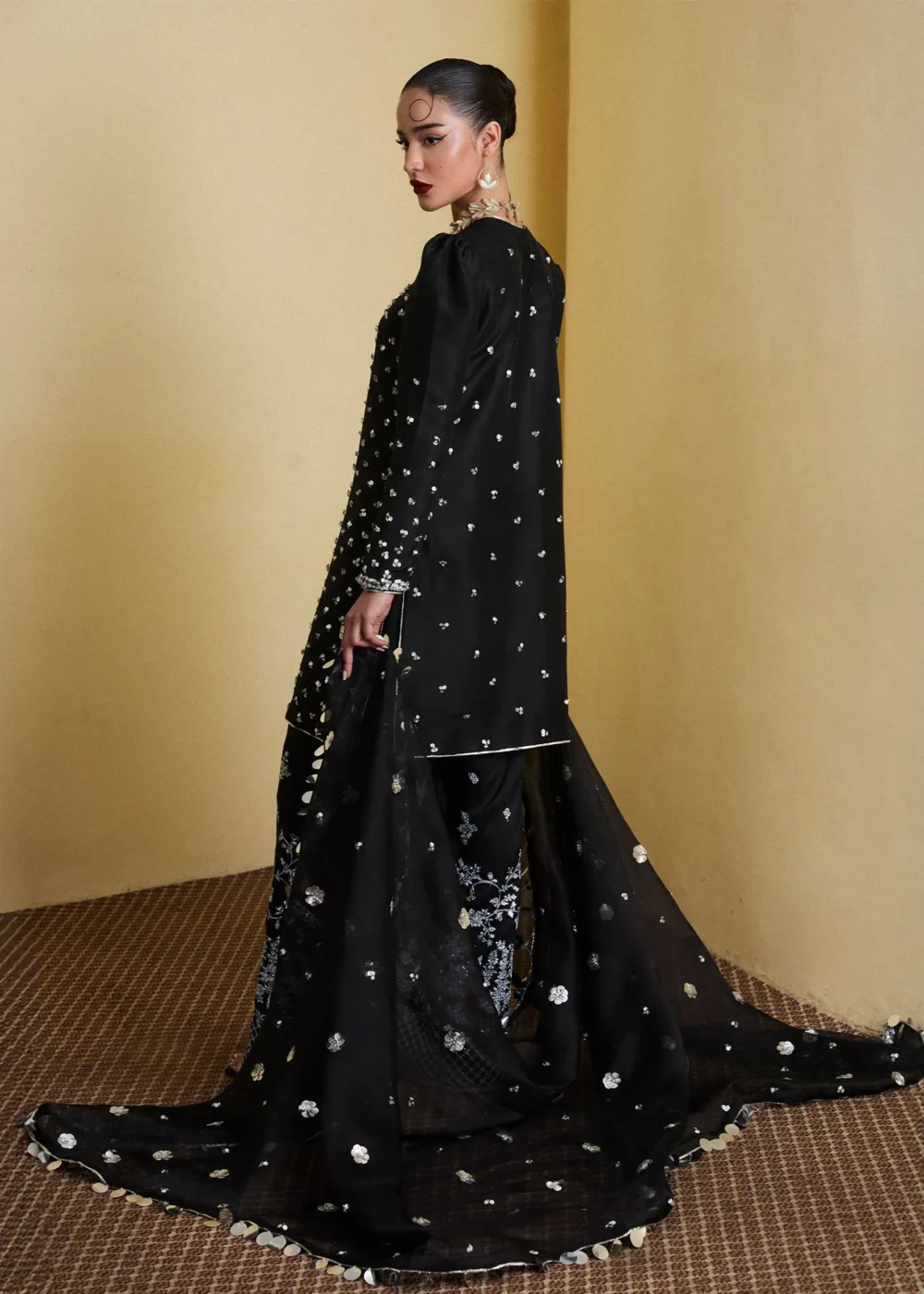 "Jet Black Raw Silk Shirt with 3D Flower Embellishments"