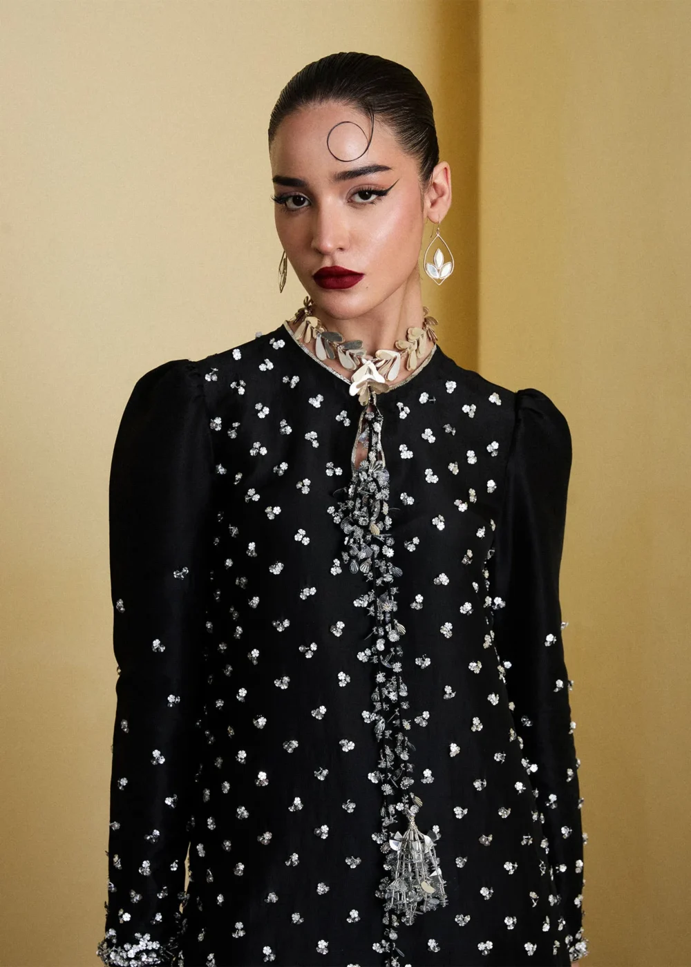 "Jet Black Raw Silk Shirt with 3D Flower Embellishments"