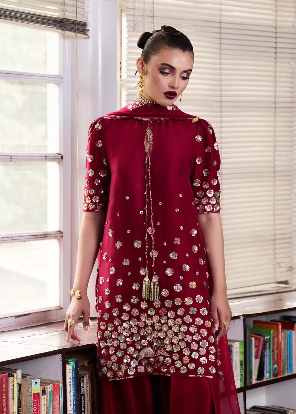 "Hot Pink Raw Silk Shirt with Golden Hand Embellishments"