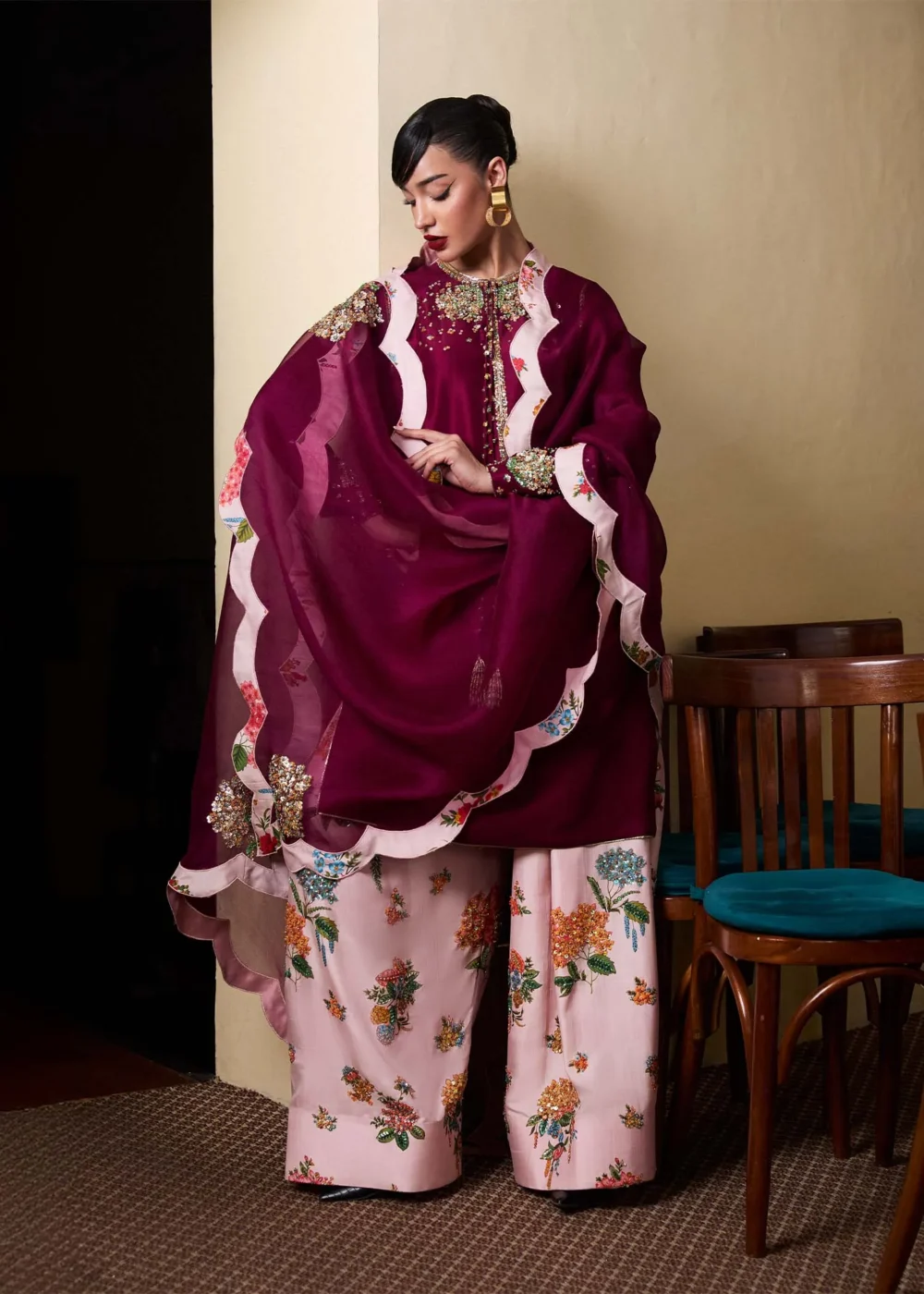 "Purple Plum Shirt with Hydrangea Hand Embroidery Details"
