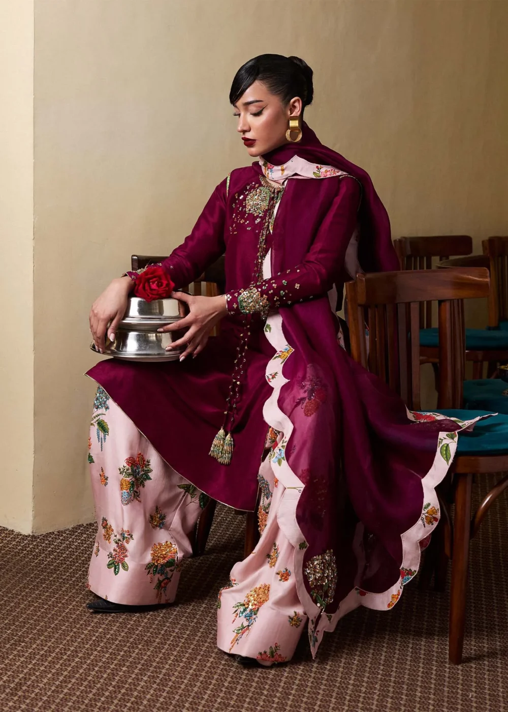 "Purple Plum Shirt with Hydrangea Hand Embroidery Details"