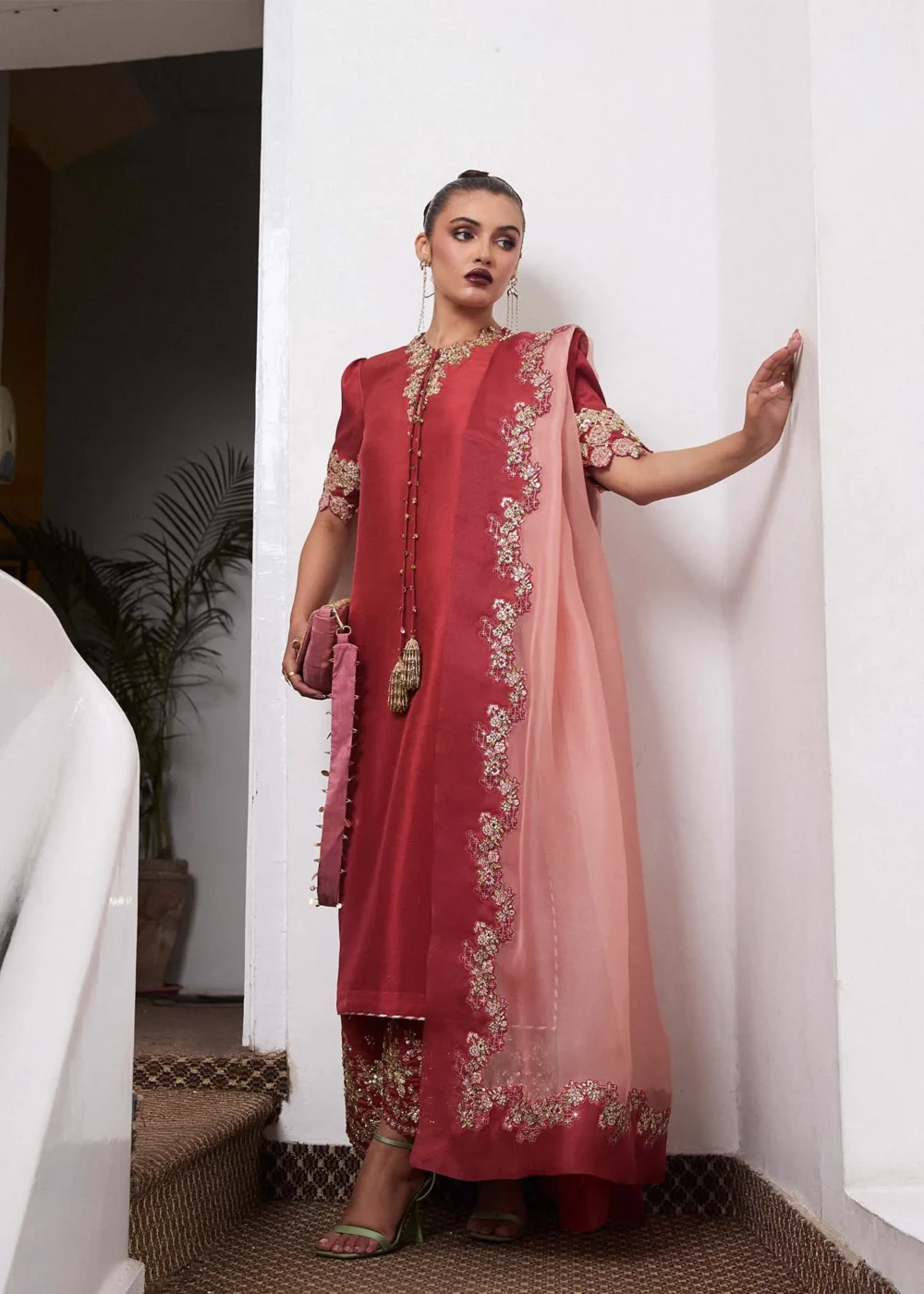 "Salmon Pink Long Shirt with Cut-Worked Sleeves and Intricate Neckline"
