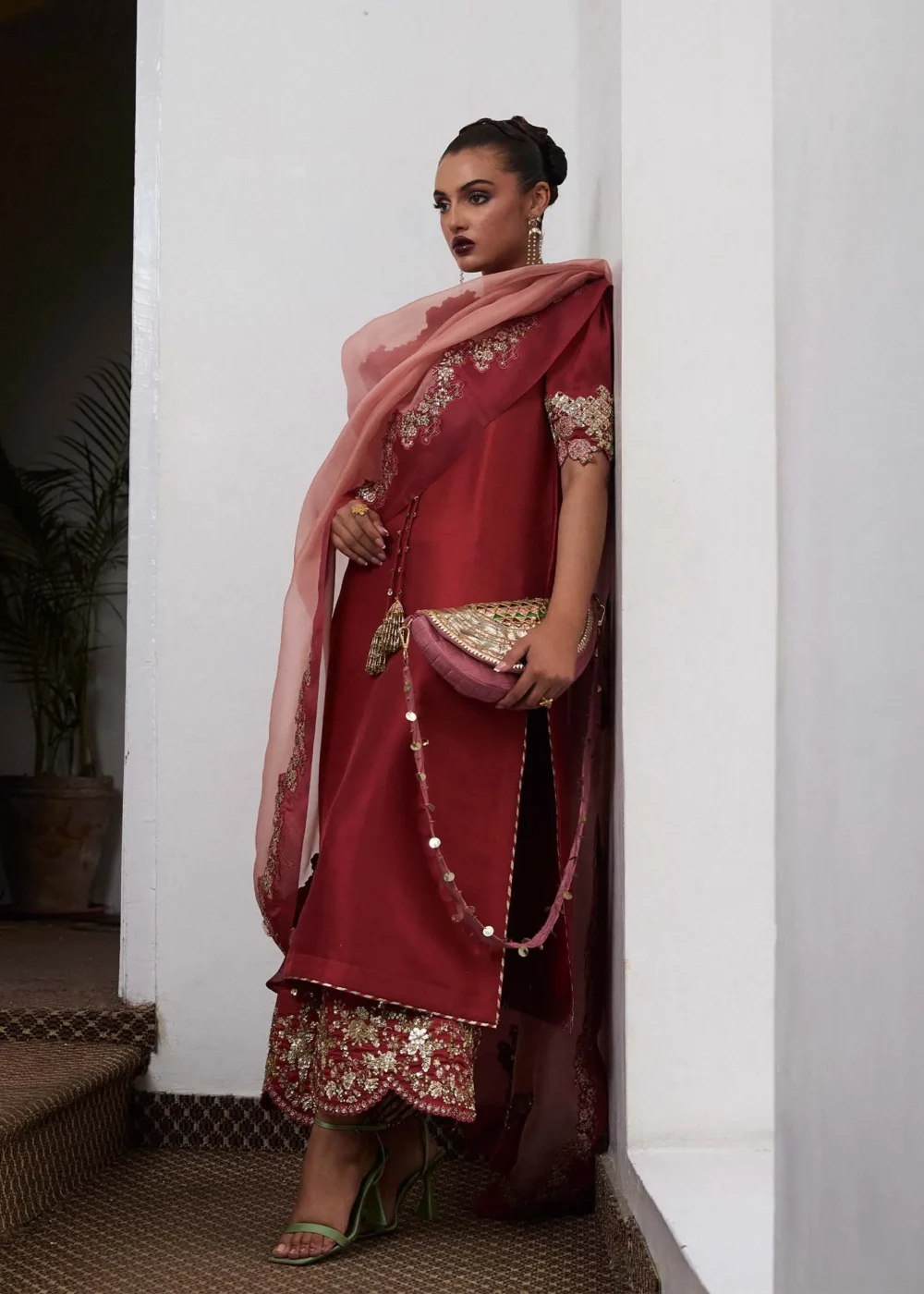 "Salmon Pink Long Shirt with Cut-Worked Sleeves and Intricate Neckline"