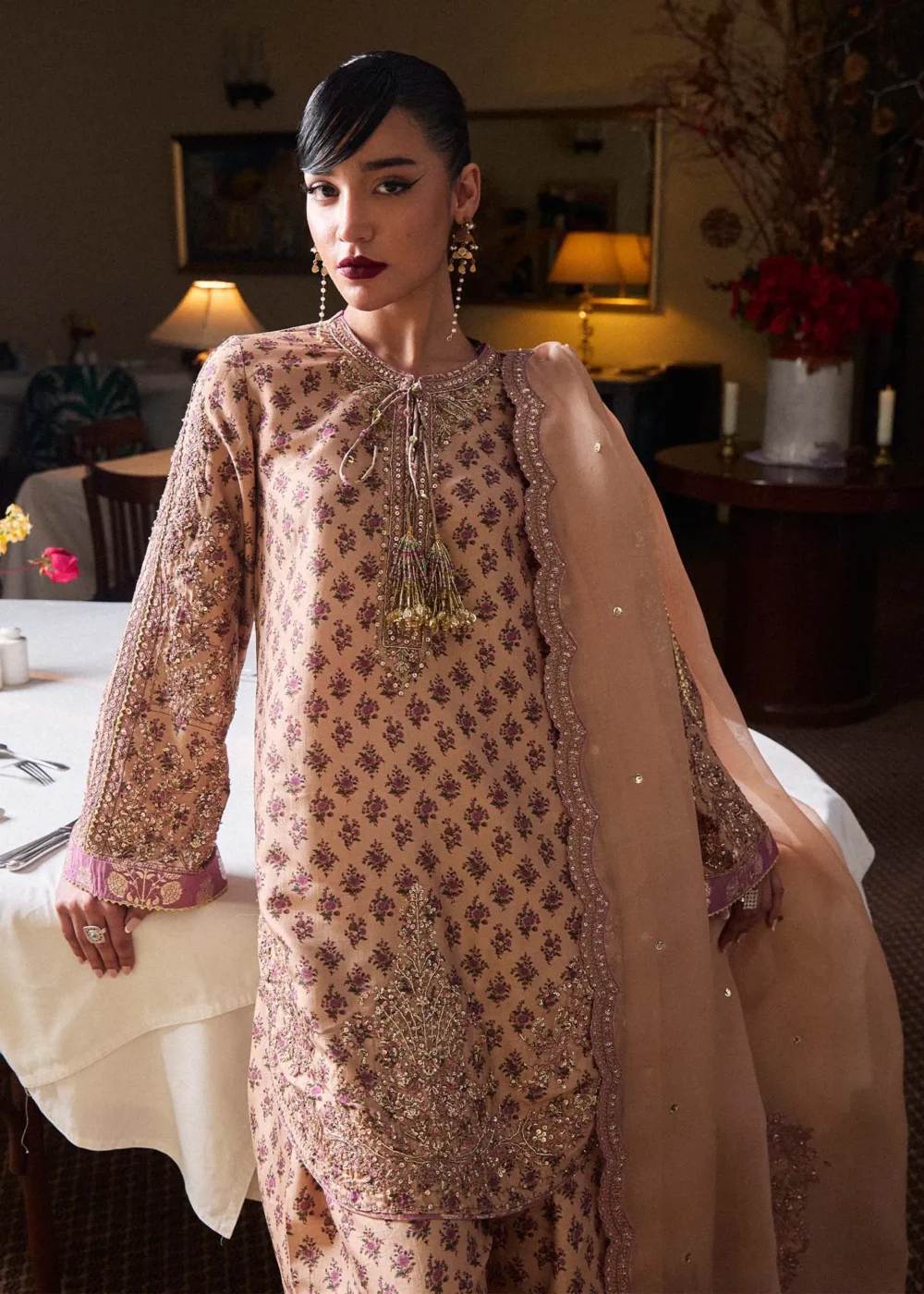 "Beige Fawn Pure Raw Silk Kameez with Intricate Embroidery"