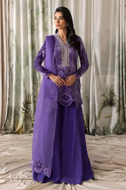 Embroidered velvet lilac dress full set with accessories