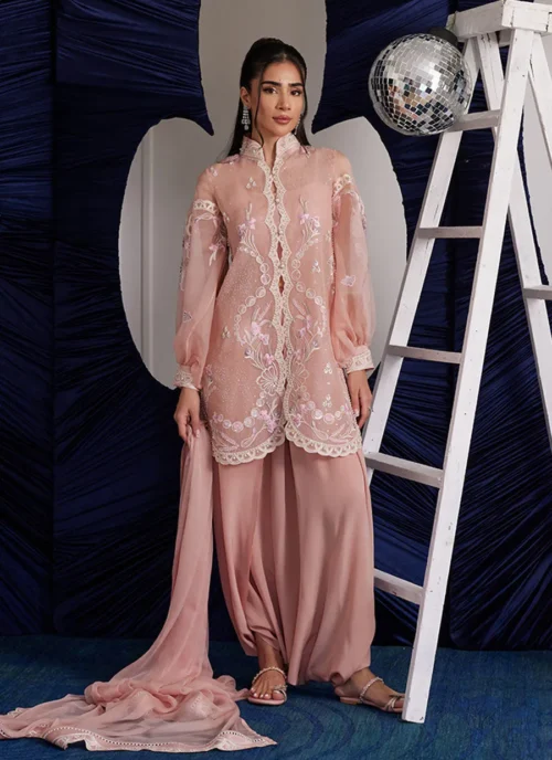 Timeless elegance in peachy pink organza with floral embroidery and scalloped details