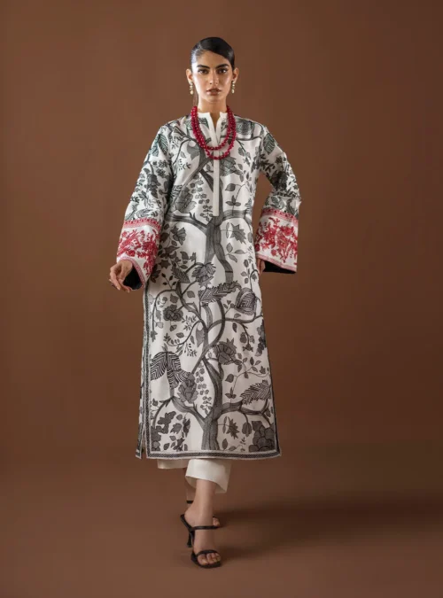 The Kantha Work Shirt styled, showing the fluid movement and elegant drape of the viscose silk fabric.