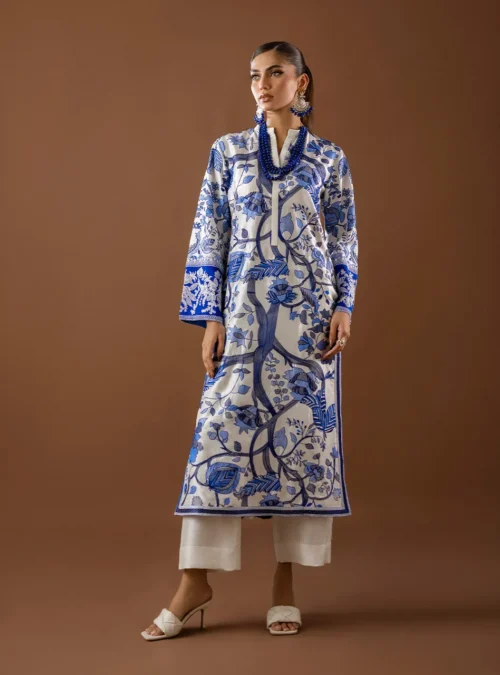 The Kantha Work Shirt styled, showing the luxurious, fluid drape of the viscose silk fabric.