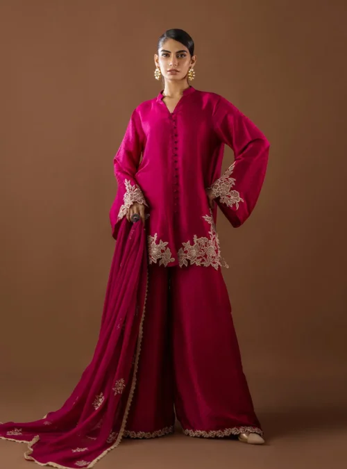 Pink Cutwork Suit showcasing the full ensemble, highlighting the soft self-jacquard texture and elegant silhouette.
