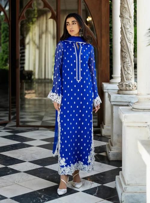 Full view of the Cobalt Blue Embroidered Suit with its luxurious viscose pants, capturing its elegant drape.