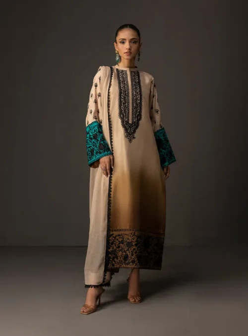 Full view of the gradient embroidered shirt (50" length) with matching tussle silk pants and chiffon dupatta.