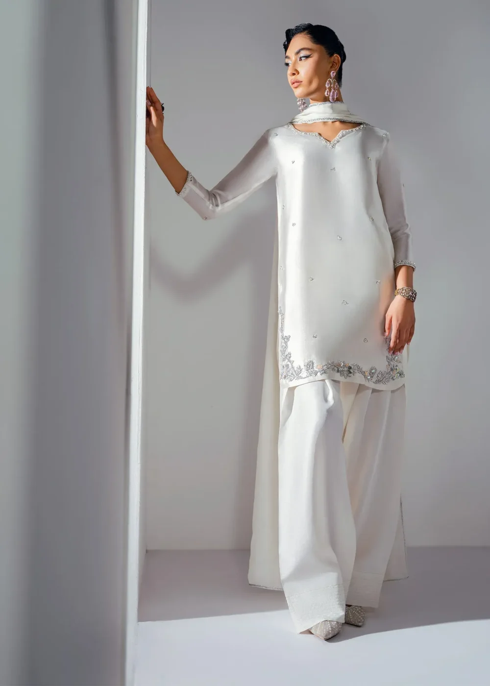 swan white Korean silk shalwar kameez with 3D hand-embellished border, silver floral shalwar, and sequin silk dupatta – Hammad Impressions