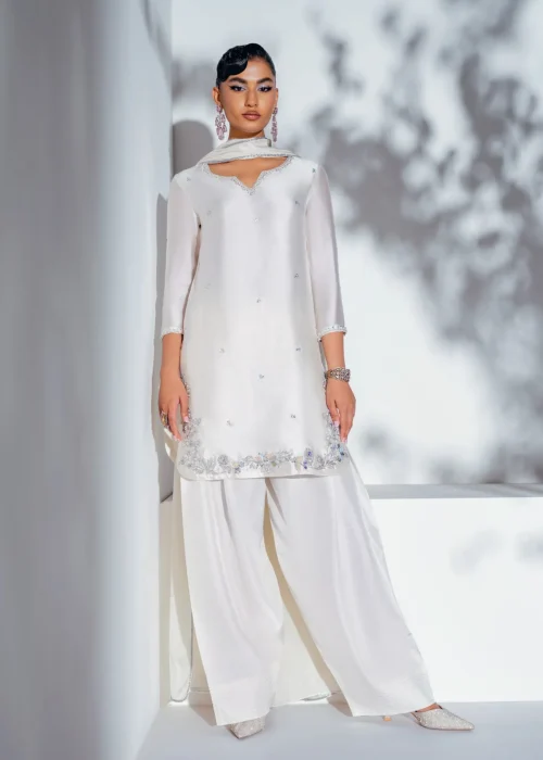swan white Korean silk shalwar kameez with 3D hand-embellished border, silver floral shalwar, and sequin silk dupatta – Hammad Impressions
